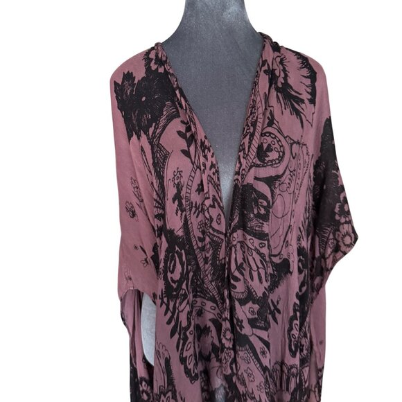 Free People Bohemian Paisley Floral Kimono Cardigan With Fringe Hem In Mauve & B - Picture 2 of 7